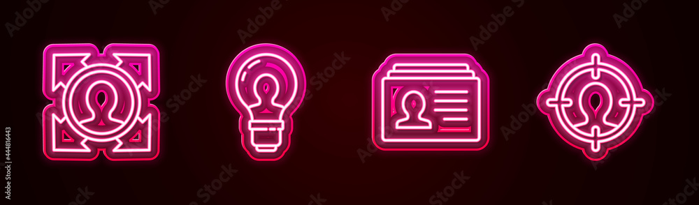 Set line Head hunting, with lamp bulb, Resume and . Glowing neon icon. Vector Set line Head hunting, with lamp bulb, Resume and . Glowing neon icon. Vector