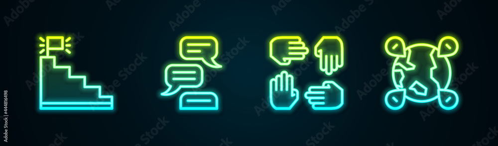 Set line Stair with finish flag, Speech bubble chat, Project team base and Location on the globe. Glowing neon icon. Vector Set line Stair with finish flag, Speech bubble chat, Project team base and Location on the globe. Glowing neon icon. Vector
