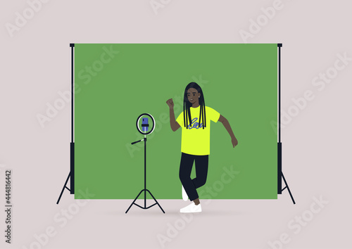 A young female Black character recording a dancing challenge video with their mobile phone on a tripod, chroma key background, modern gen z lifestyle