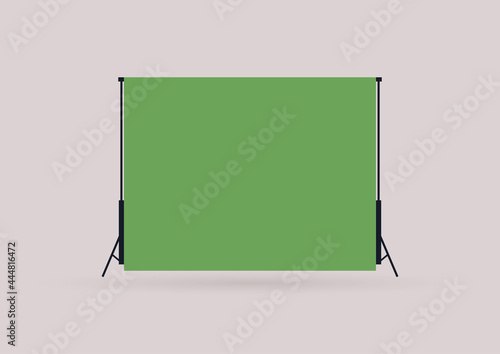 A chroma key screen in a movie studio, flat vector illustration
