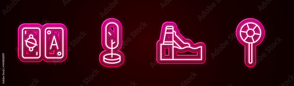 Set line Tarot cards, Tree, Water slide and Lollipop. Glowing neon icon. Vector Set line Tarot cards, Tree, Water slide and Lollipop. Glowing neon icon. Vector