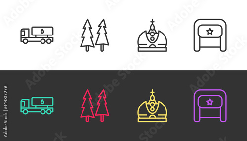 Set line Tanker truck, Christmas tree, King crown and Ushanka on black and white. Vector