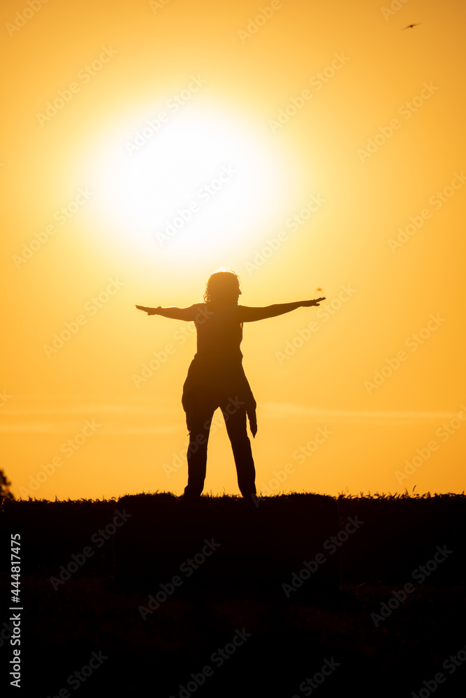 Silhouette of a woman in a field with a large sun behind and arms crossed. Black contrast with golden orange