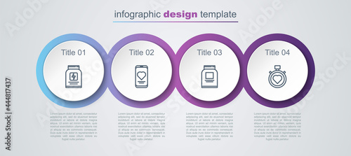 Set line Sports nutrition, Mobile with heart rate, and Heart in the center stopwatch. Business infographic template. Vector