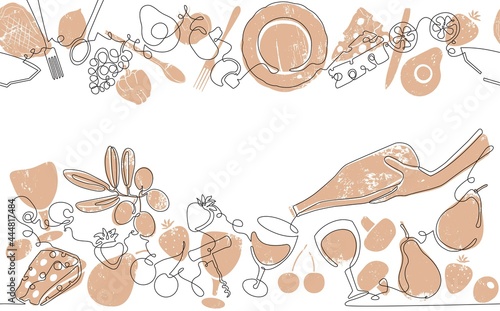 Two top and bottom Seamless Patterns with Food and Utensils. Vector Background. One line art Style. Frame with Organic Food. Can be also yused like Banner, Flyer, Texture.