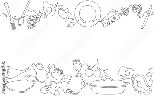 Two top and bottom Seamless Patterns with Food and Utensils. Vector Backgroun...