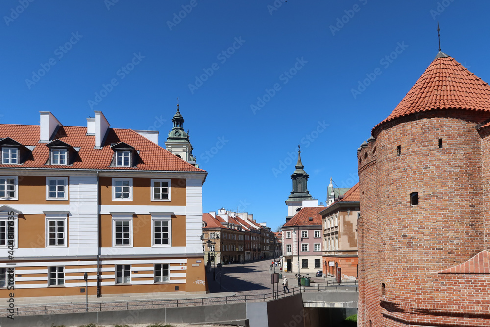 Fototapeta premium Old Town in Warsaw, Poland. Historic Barbican - element of medieval defense construction, an important component of city fortifications
