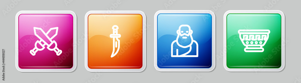 Set line Crossed medieval sword, Dagger, Socrates and Greek ancient bowl. Colorful square button. Vector Set line Crossed medieval sword, Dagger, Socrates and Greek ancient bowl. Colorful square button. Vector