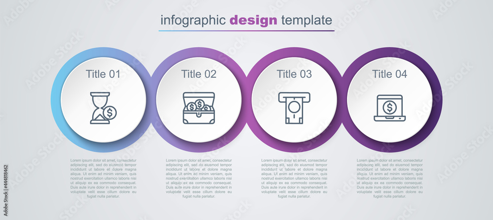 Set line Hourglass with dollar, Treasure chest, ATM and money and Laptop. Business infographic template. Vector