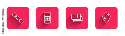Set line Dumbbell, Anabolic drugs, Towel stack and Location gym with long shadow. Red square button. Vector