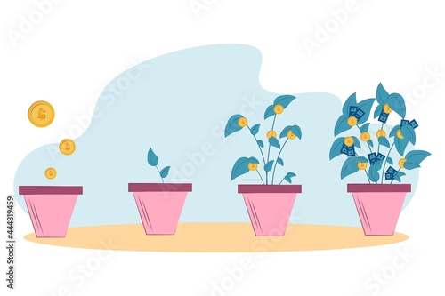 Phased growth of a money tree from gold coins in a pot. Business investment and income growth concept. Saving and increasing money. Vector flat illustration. 