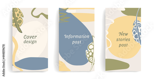 Social media stories and post creative vector set. Background template with copy space for text and images, decorated with abstract colored shapes and creative leaves in warm, pastel earth tones