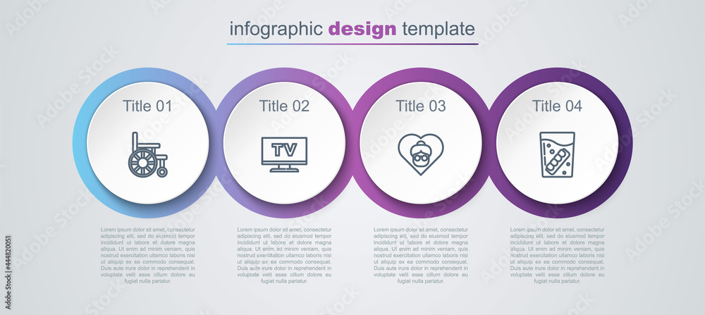 Set line Wheelchair, Smart Tv, Grandmother and False jaw in glass. Business infographic template. Vector