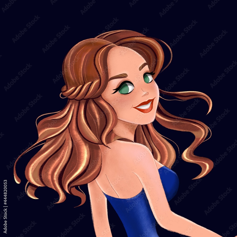 Character, stylized girl with brown hair and green eyes