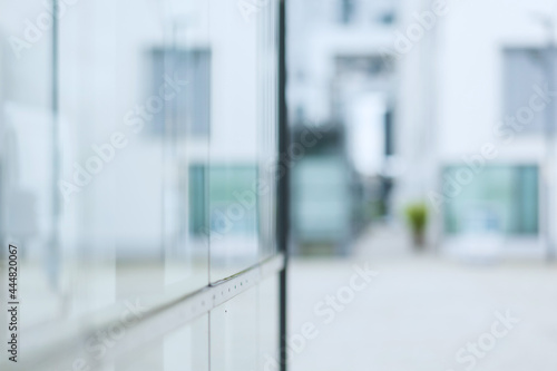 Abstract blue blurred light background of modern office interior with glass and blurred bokeh. corporate portrait,.Rheinauhafen. Business location. Business Hintergrund