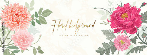 Banner design template. Vector illustration of beautiful hand drawn flowers and leaves. Floral background for poster, cover, booklets, wedding invitation