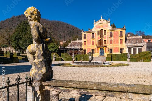 Panorama of the Villa Barbarigo Valsanzibio Padua Galzignano Terme. The monumental garden of the seventeenth century, with the fountain, the statue of the putto, Veneto, Italy. photo