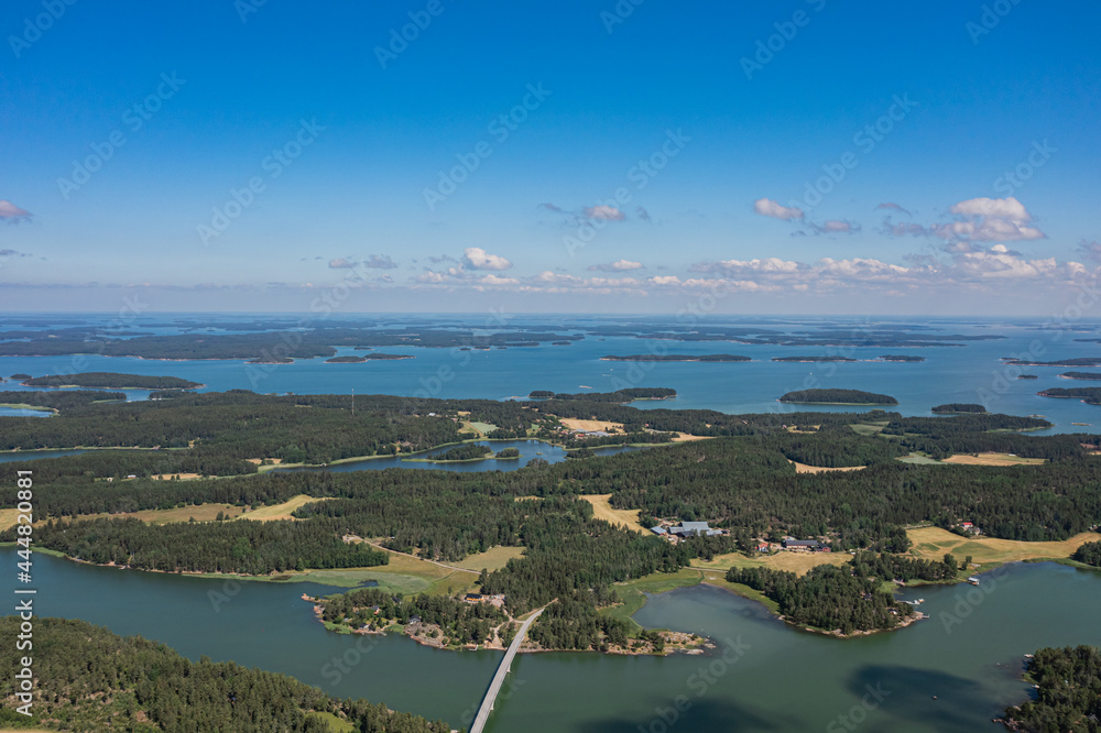 View of the sea and the bridge over the archipelago islands in Turku. Seascape on a summer sunny day. the view from the top from the drone.