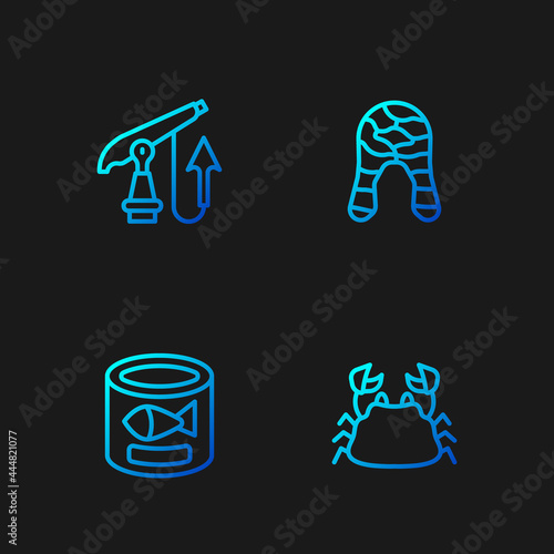 Set line Crab, Canned fish, Fishing harpoon and steak. Gradient color icons. Vector