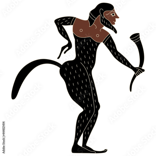 Ancient Greek satyr or Silenus holding rhyton of wine. Vase painting style. Fantastic mythological creature. Isolated vector illustration.