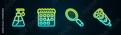 Set line Cream cosmetic tube, Calendar with haircut day, Hand mirror and Electric razor blade. Glowing neon icon. Vector