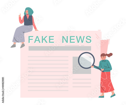 Fake News, People Reading Newspaper, Different Opinions of Facts Cartoon Vector Illustration