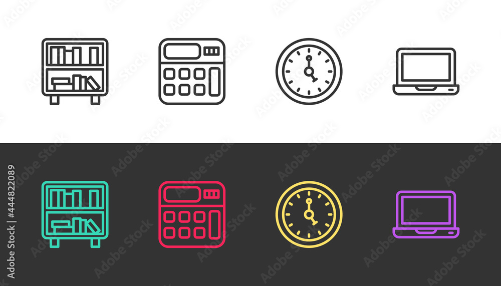 Set line Shelf with books, Calculator, Clock and Laptop on black and white. Vector