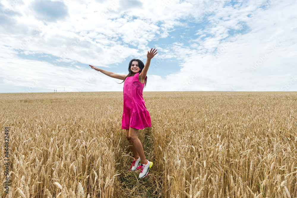 Young beautiful woman in a dress walk on a golden wheat field, summer Young beautiful woman in a dress walk on a golden wheat field, summer