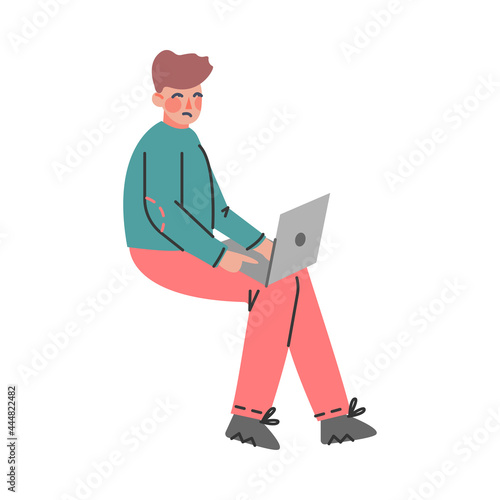 Man with Laptop Computer Spreading Fake News and Untruth Information Cartoon Vector Illustration