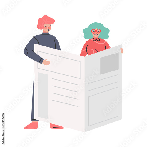 People Reading Newspaper, Fake News, Different Opinions of Facts Disseminating Cartoon Vector Illustration