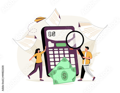 Doing taxes accounting and annual financial paperwork tiny person concept. Money fee calculation and report submit.