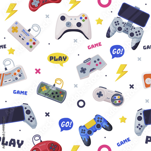 Modern Game Console Controllers Seamless Pattern, Video Game Players Accessory Devices Background, Banner, Wallpaper, Textile, Packaging Design Vector Illustration