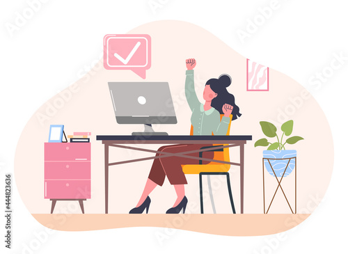 Completed task concept. Woman sitting at a desk in the office and is happy about the completion of the project. Businesswoman at her workplace. Cartoon flat vector illustration on a white background