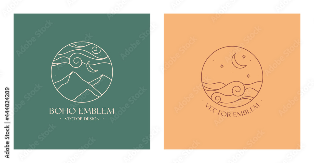 Set of vector linear boho emblems.Bohemian logo designs with sea,mountains and moon.Modern celestial icons or symbols in trendy minimalist style.Branding design templates. Set of vector linear boho emblems.Bohemian logo designs with sea,mountains and moon.Modern celestial icons or symbols in trendy minimalist style.Branding design templates.