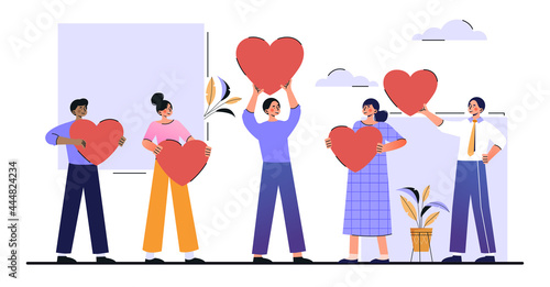 Customer reviews rating concept. Different people hold hearts in their hands and give feedback to a product or service. Leave a review and rate. Cartoon flat vector illustration on a white background