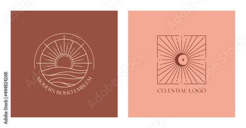 Set of vector linear boho emblems.Bohemian logo designs with sea,moon,sun and sunburst.Modern celestial icons or symbols in trendy minimalist style.Branding design templates.