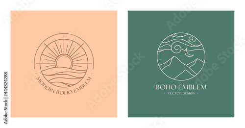 Set of vector linear boho emblems.Bohemian logo designs with sea,sun,mountains and moon.Modern celestial icons or symbols in trendy minimalist style.Branding design templates.