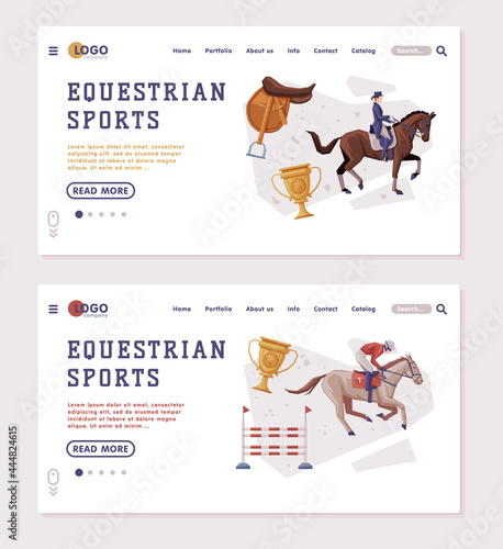 Equestrian Sports Landing Page Templates Set, People Riding Horses, Racing, Dressage, Vaulting Homepage Design Vector Illustration