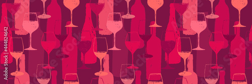 Seamless background pattern. Hand drawn wine glasses and bottles pattern.