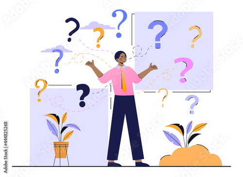 Decide right solution concept. A man surrounded by a large number of questions throws up his hands and chooses the right solution. Cartoon flat vector illustration isolated on a white background