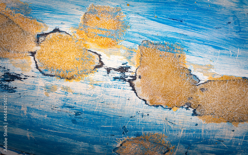 The abstract shape of the scratched surface texture of the boat. Yellow and orange color circles on blue and white backgrounds. 