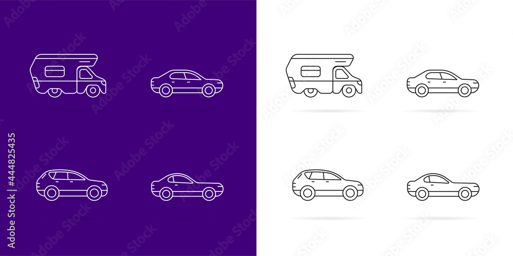 Cars icons Set. White lines style on dark and white background.