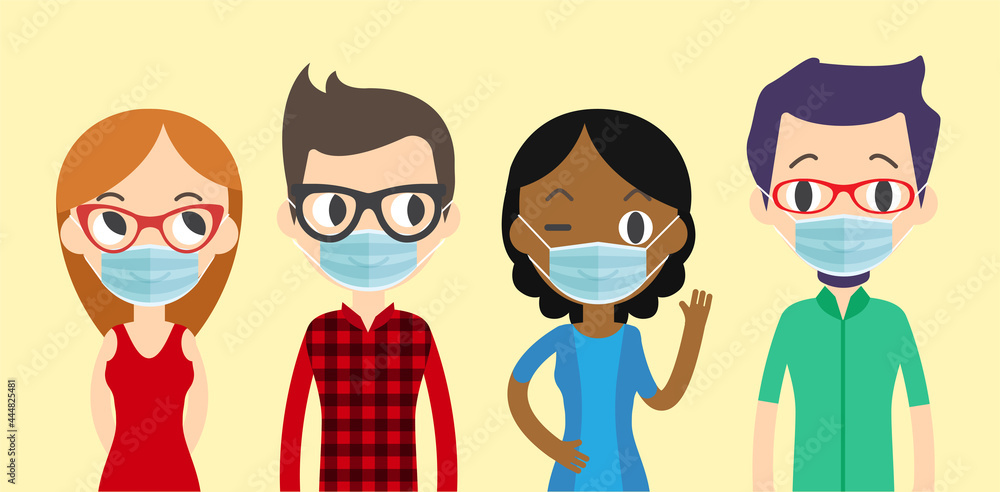 Man and Women Wearing protective medical mask for prevent virus. Coronavirus protection mask. Covid-19 Social Distancing. Man and Women Wearing protective medical mask for prevent virus. Coronavirus protection mask. Covid-19 Social Distancing.