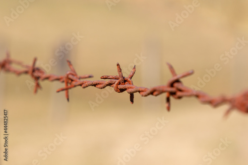 Rusty barbed wire  close up of a single strand on a fence post