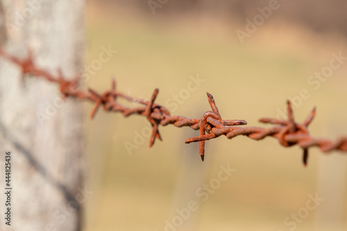 Rusty barbed wire, close up of a single strand on a fence post