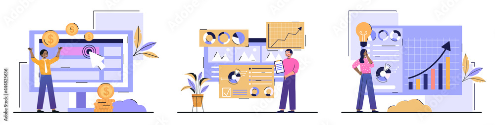 Vecteur Stock Digital marketing plan abstract concept. PPC campaign  management, digital strategy, pay per click, internet marketing tools.  People study statistics and generate ideas. Cartoon modern flat vector set  | Adobe Stock