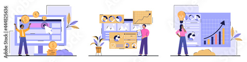 Digital marketing plan abstract concept. PPC campaign management, digital strategy, pay per click, internet marketing tools. People study statistics and generate ideas. Cartoon modern flat vector set