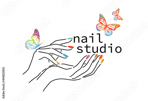 Beautiful female hands. Nail studio. Nail polish logo. Mixed media. Multicolored butterflies. vector illustration
