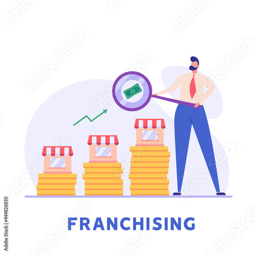 Businessman opening or buying a franchise. Buying a finished business. Concept of business industry, franchising, business expansion, distribution. Vector illustration in flat design.