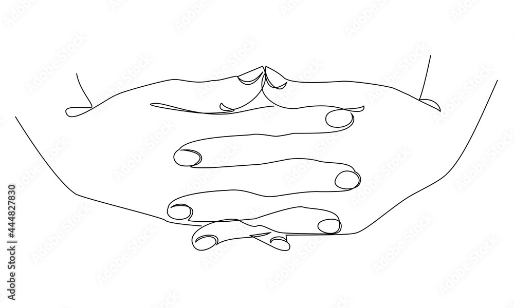 Silhouettes of human hands folded into a castle, in a modern one line style. Continuous line drawing, aesthetic outline for home decor, posters, wall art, stickers, logo. Vector illustration. Silhouettes of human hands folded into a castle, in a modern one line style. Continuous line drawing, aesthetic outline for home decor, posters, wall art, stickers, logo. Vector illustration.
